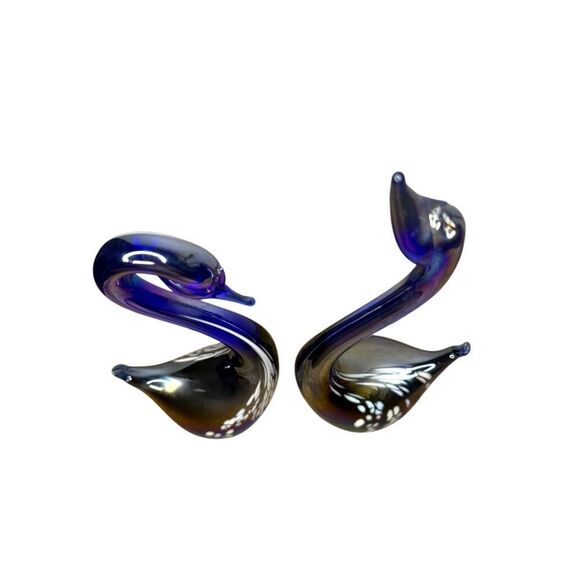Vintage Iridescent Cobalt Blue Glass Swans Art Hand Blown Glass Set of 2 - Picture 2 of 7